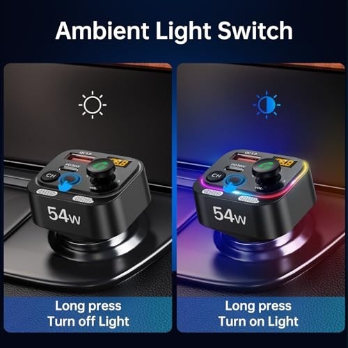 Bluetooth 5.4 FM Transmitter Car Adapter 54W PD 36W Fast Charging Dual Mics HiFi