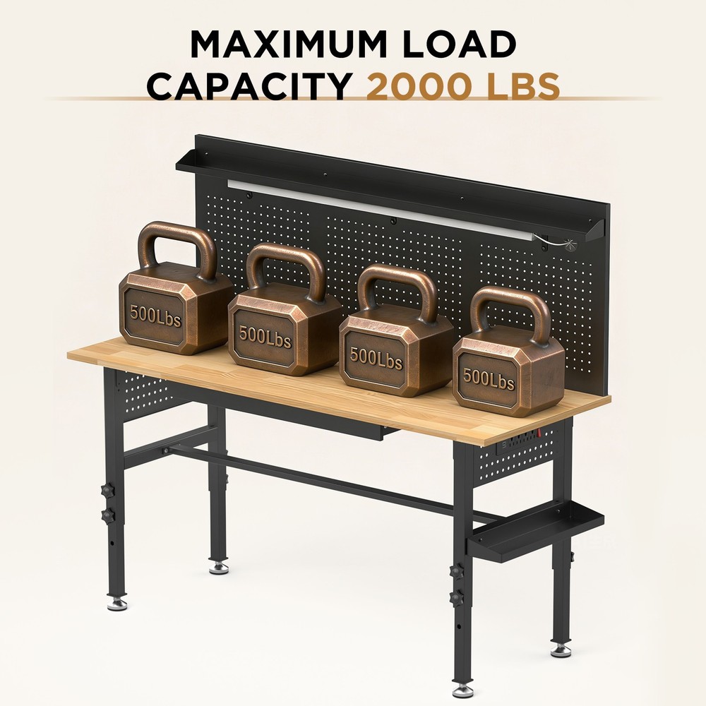 Solid Wood 60" Workbench 2000lb LED Power Height Adjustable Wheels