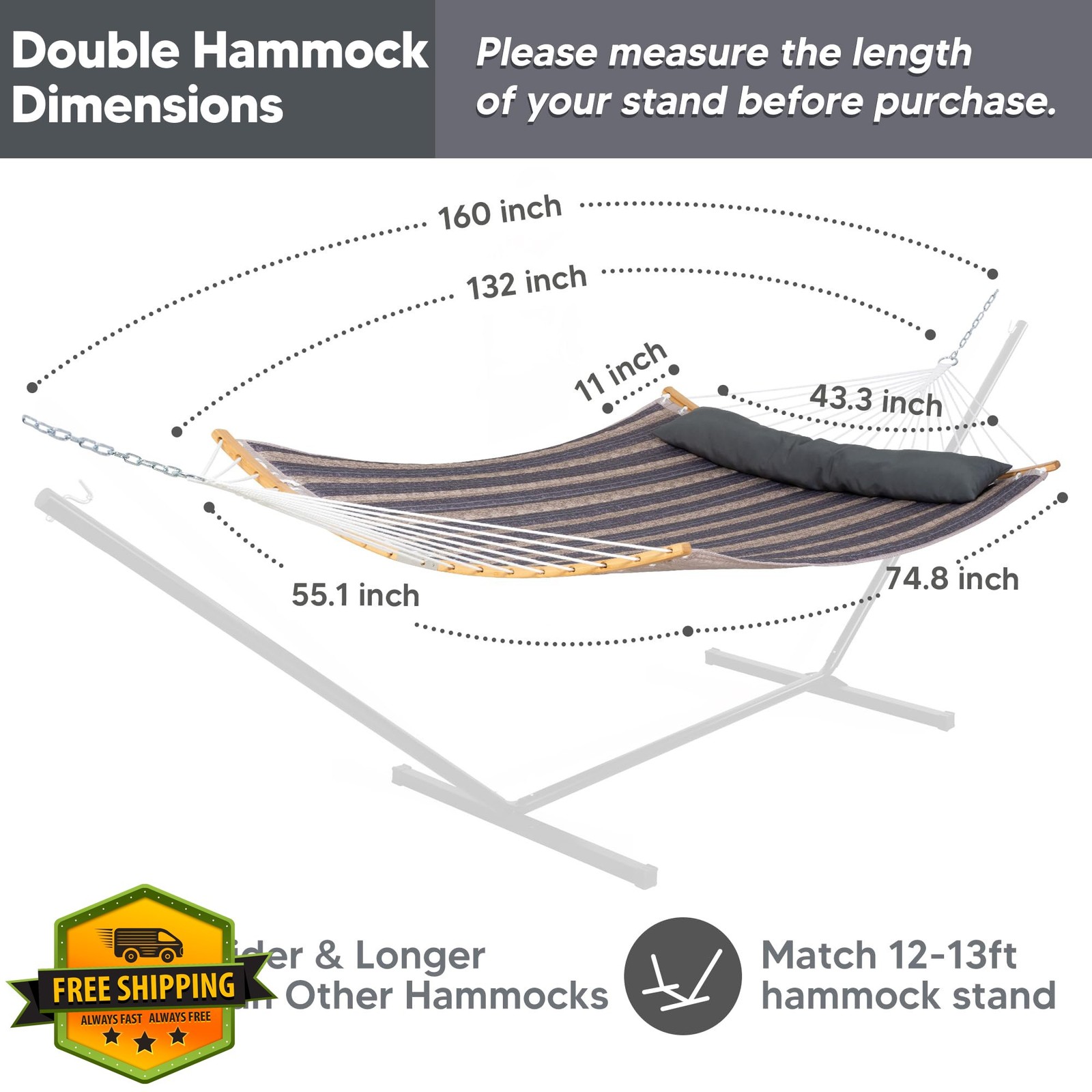 SUNCREAT Double Hammock with Spreader Bar, Gray Stripes