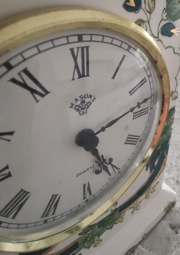 Masons Chartreuse Ironstone 8" Carriage Mantle Clock . The clock does not work.