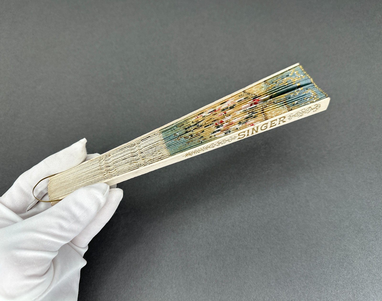 Singer Sewing Advertising Fan Antique Hand Painted Washi Japan 1921-1930