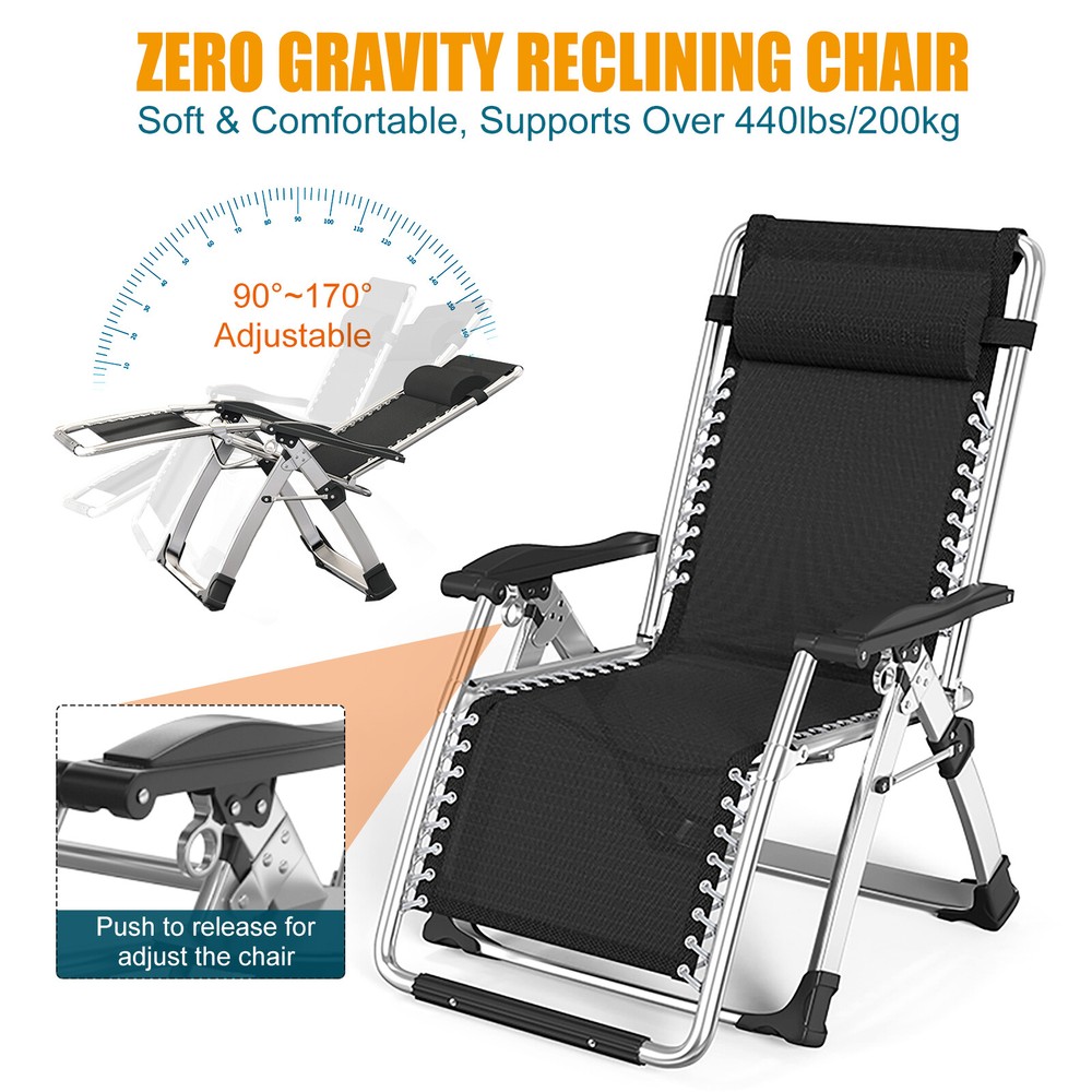 4Position Adjustable Camping Bed Padded Cot Folding Recliner Zero Gravity Chair