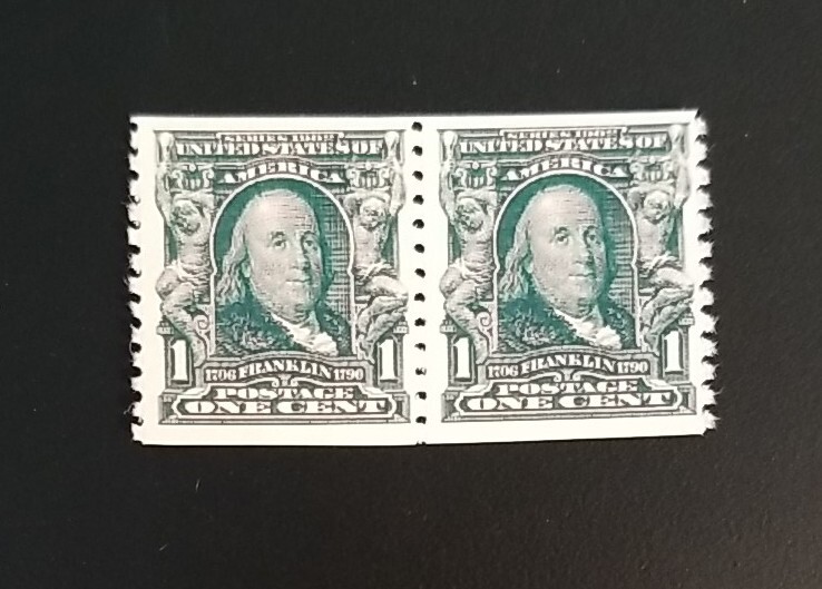 US Stamps SC# 318 1908 1c Benjamin Franklin Coil Pair Stamp Replica