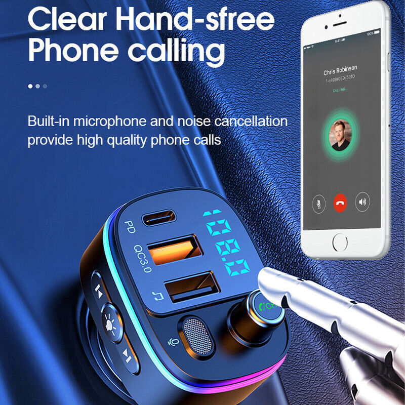 Bluetooth 5.0 Car Wireless FM Transmitter Adapter 2USB PD Charger AUX Hands-Free