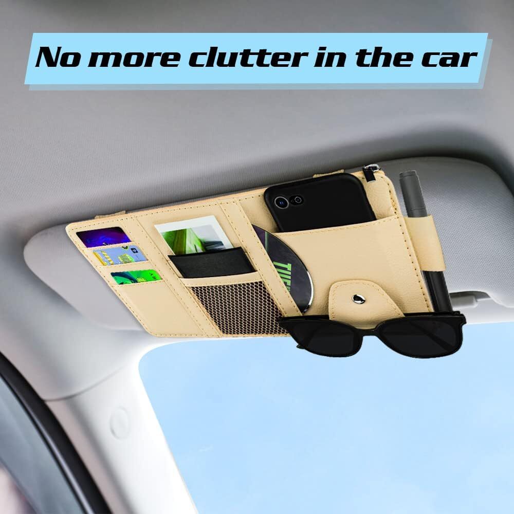 PU Leather Car Sun Visor Organizer Pouch Bag Multiple Pocket Card Storage Beige