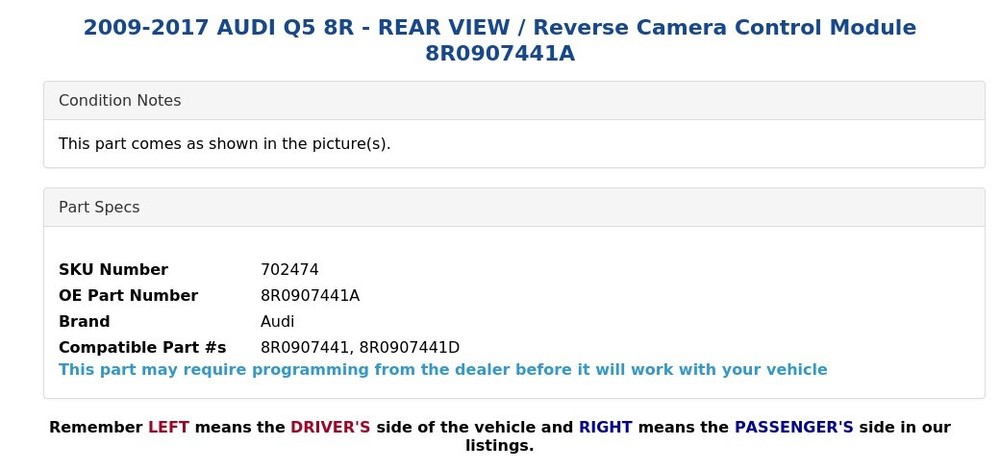 2009-2017 AUDI Q5 8R - REAR VIEW / Reverse Camera Control Module 8R0907441A