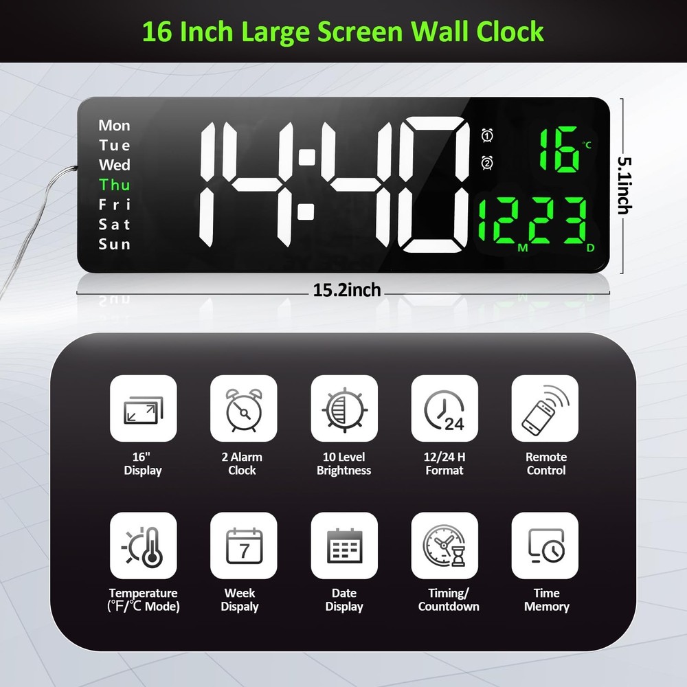 Large Digital Wall Clock,16 Inch Digital Wall Clock with Time Date Temp Week,...