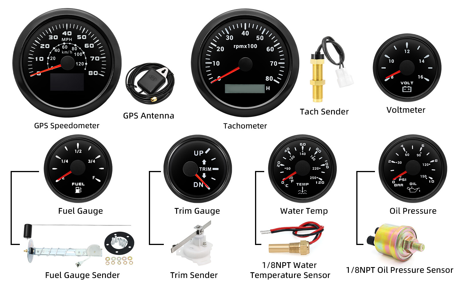 7 Gauge Set 85mm Boat GPS Speedometer 120km/h/80MPH Tachometer 8000RPM Gauge US