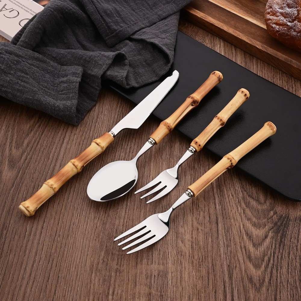 Bamboo Handle Silverware Set 30 Pcs Set for 6 Stainless Steel Flatware Set