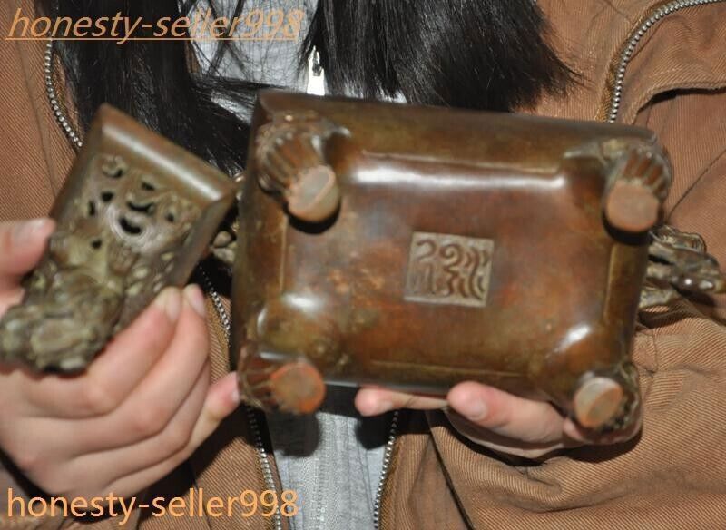 8.6" Ancient Chinese Pure bronze dragon loong beast statue Incense burner censer