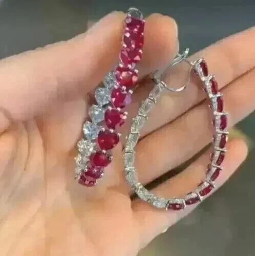 3Ct Heart Cut Lab Created Red Ruby Drop & Dangle Earring 14K White Gold Plated