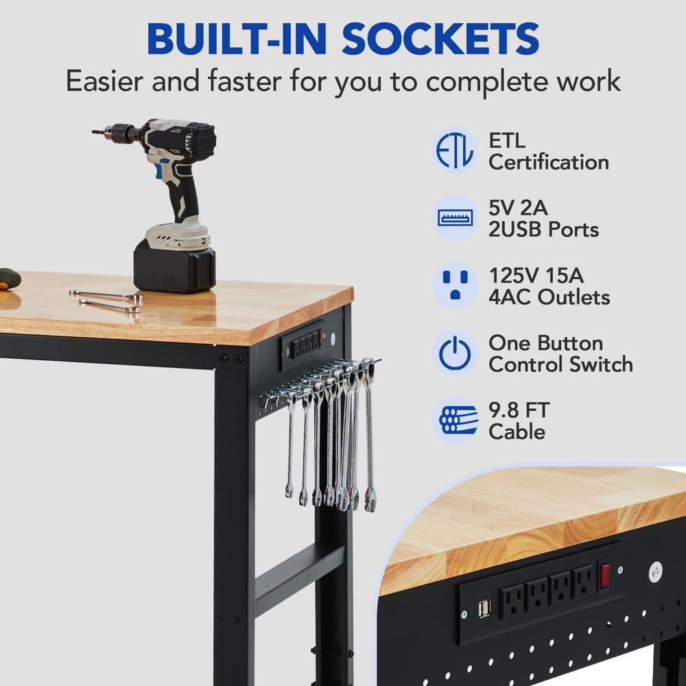 Adjustable Workbench 60"x20" 2000lbs Load Capacity Height Adjustable 29.5"-38.4"