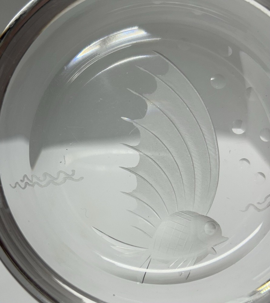 Relief Etched Glass Oval Trinket Dish Coaster - Fish - 4” - EUC