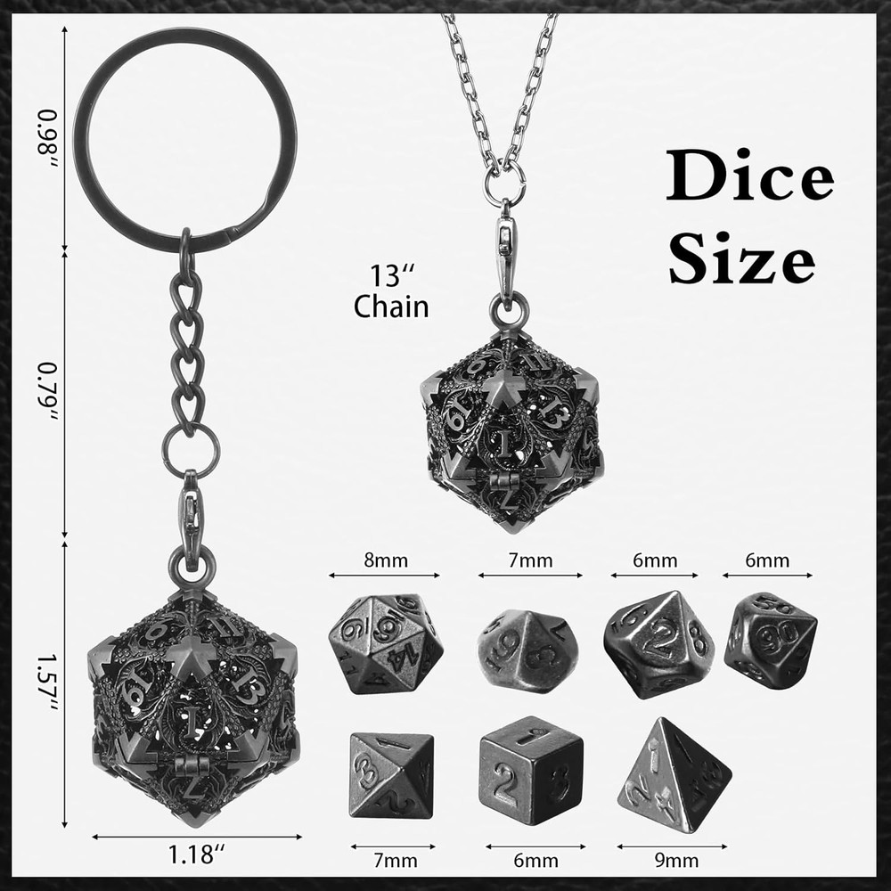 Mini Metal Dice Set 7 Pcs with D20 Necklace Case Keychain RPG Tiny Dice Silver