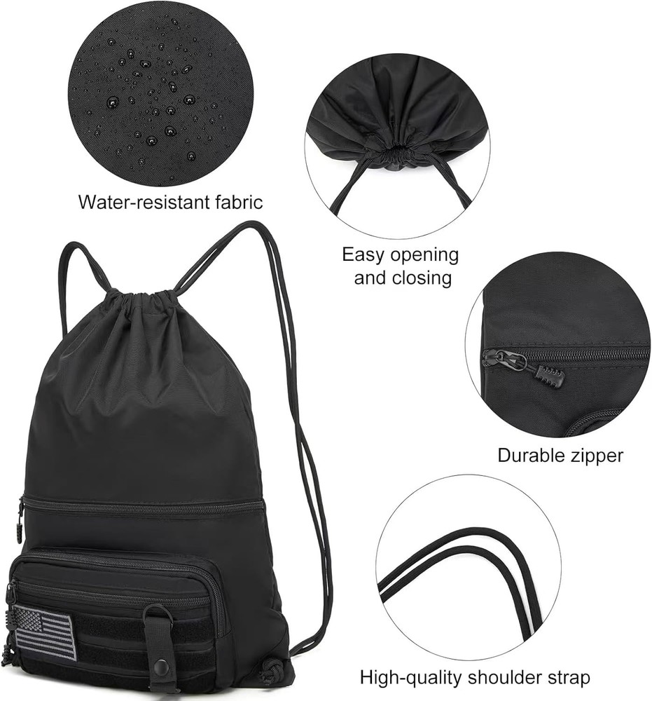 seyfocnia Drawstring Backpack Tactical String Bag with Zipper Pockets Black