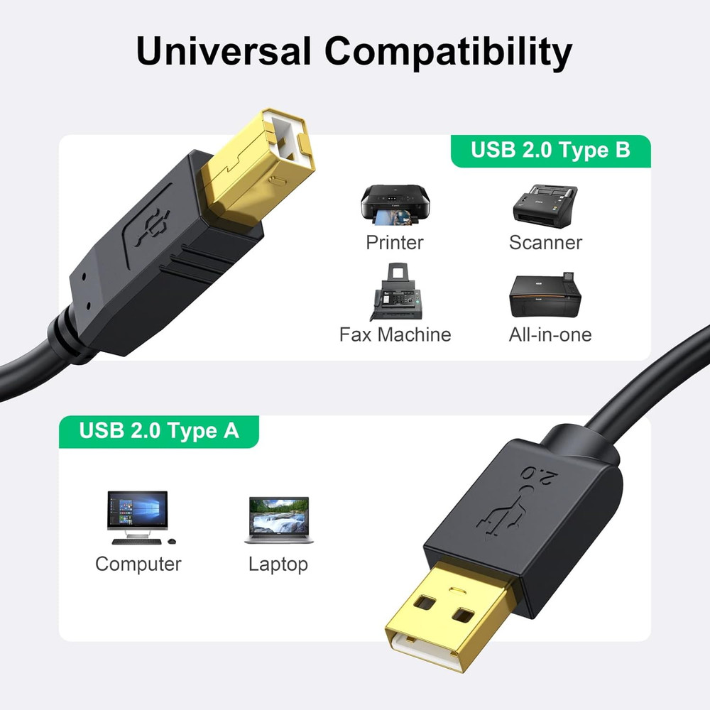 Printer Cable 25 FT - USB a to USB B Printer Cable Compatible with HP, Canon, Br