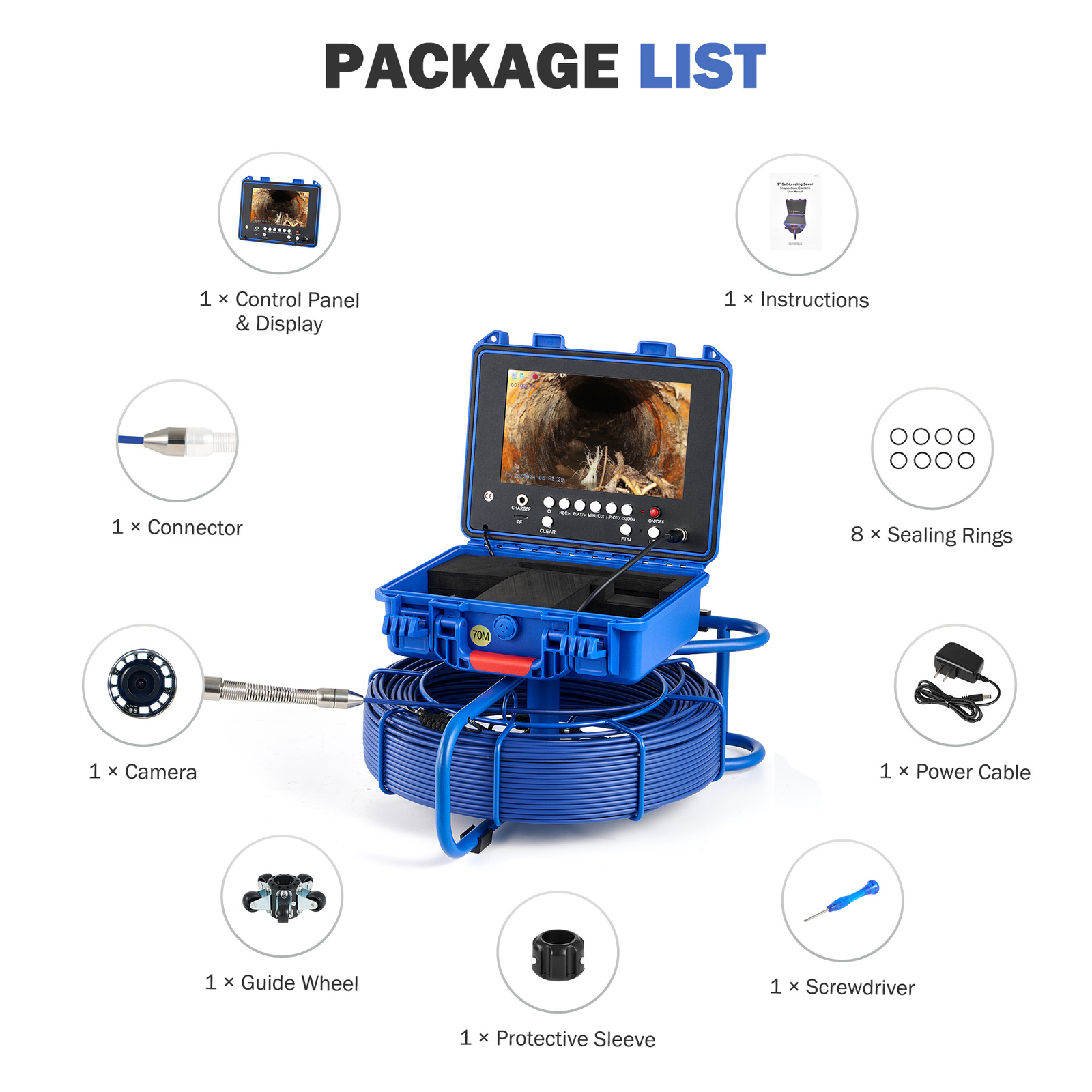 9" Self-Leveling Sewer Inspection Camera 512Hz 230ft/70m Digital Length Counter
