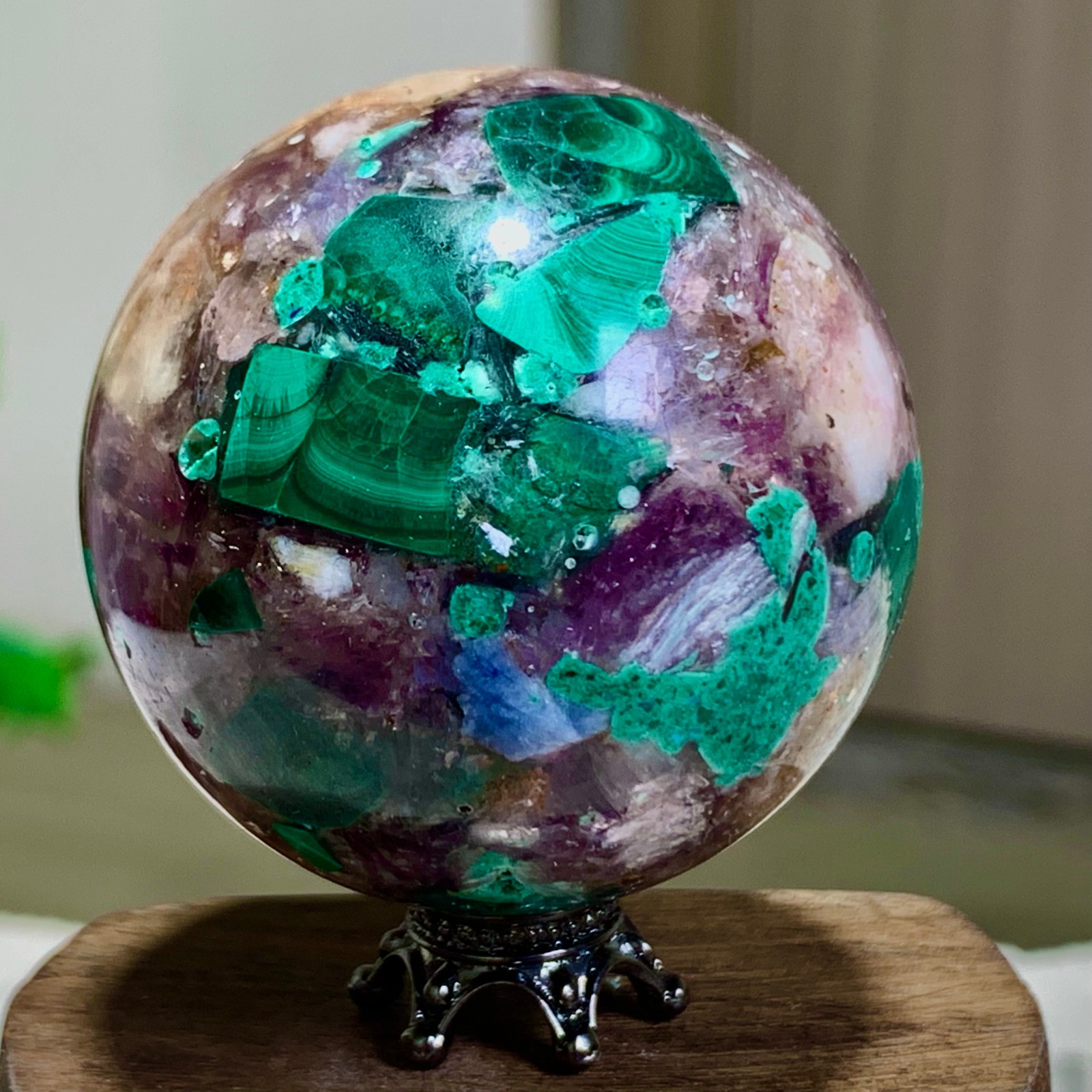 116G Newly discovered rare malachite purple mica symbiotic sphere restoration