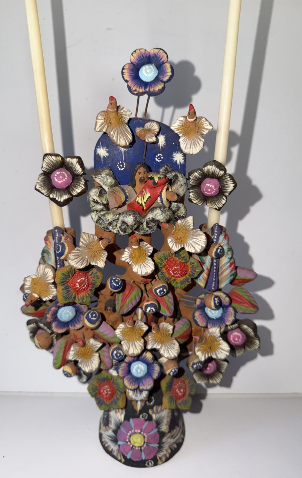 Mexican Clay TREE of LIFE  Handmade  Multi Color Folk Art Candelabra 12.5" Tall
