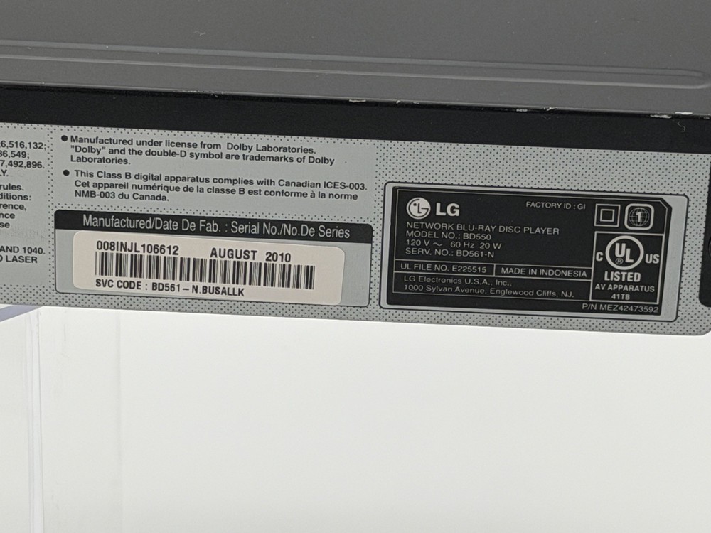 LG BD550 Blu-Ray Player