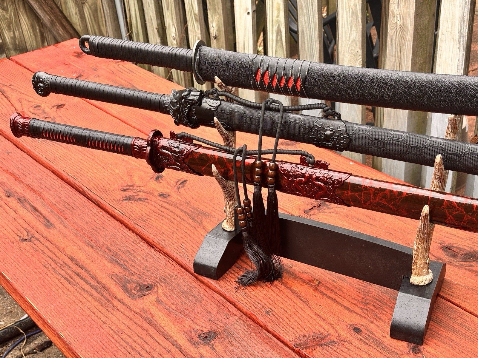 Katana Stand Antler Samurai Sword Stand Faux Antlers With Black Wood Base 3 Tier