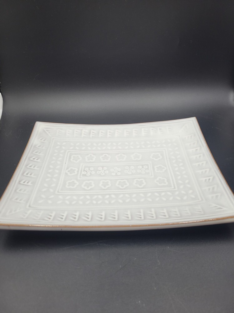 Patterned Stoneware Pottery Trinket Tray Dish White Floral Marked