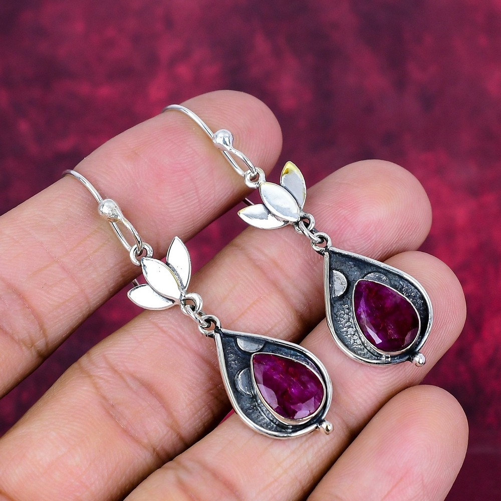 Ruby Balancing Gemstones Handmade 925 Solid Silver Lab-Created Earrings Jewelry