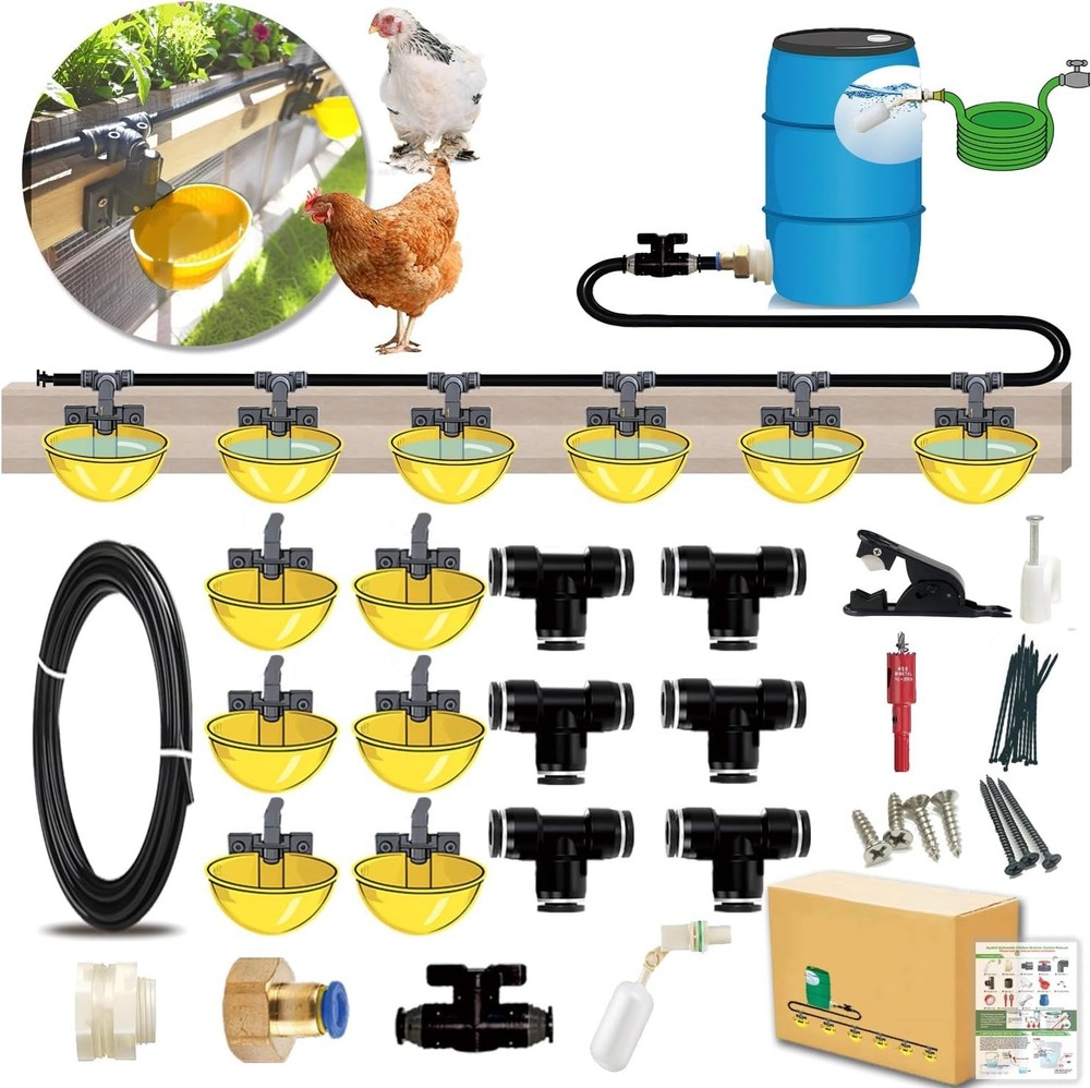 Complete Set Pipeline Automatic Chicken Waterer System, 18ft Pipeline and Float