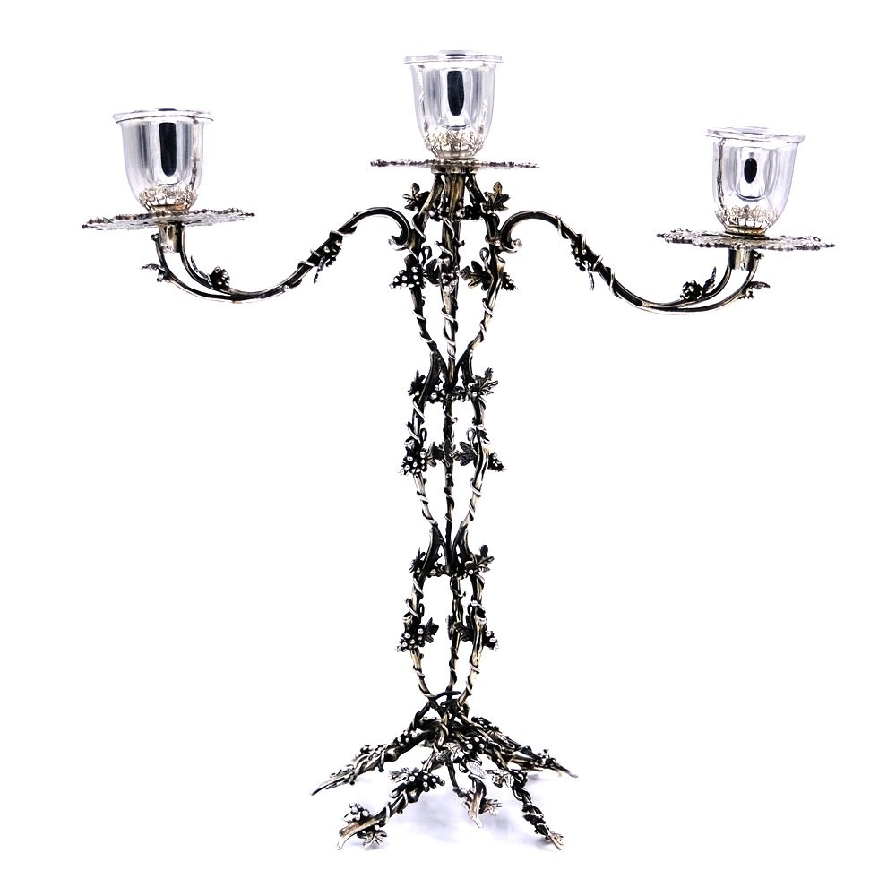 Solid Silver Three Armed Candelabra Fine Grapes Decor
