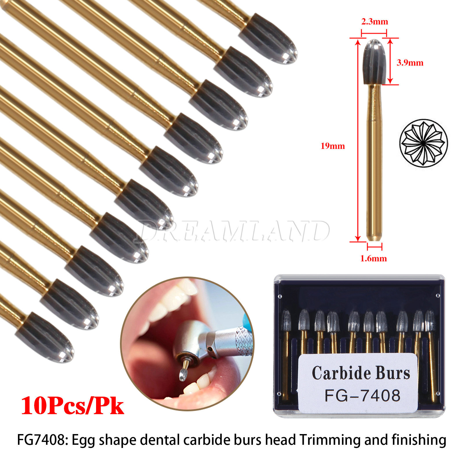 SANDENT Dental Tungsten Carbide Burs Trimming & Finishing Egg Football FG 7408 A
