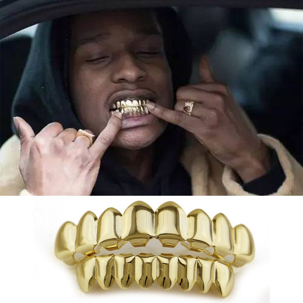 14K Gold Plated HipHop Teeth Grillz Top&Bottom Grill Set Bonus Wax*HIGH QUALITY*
