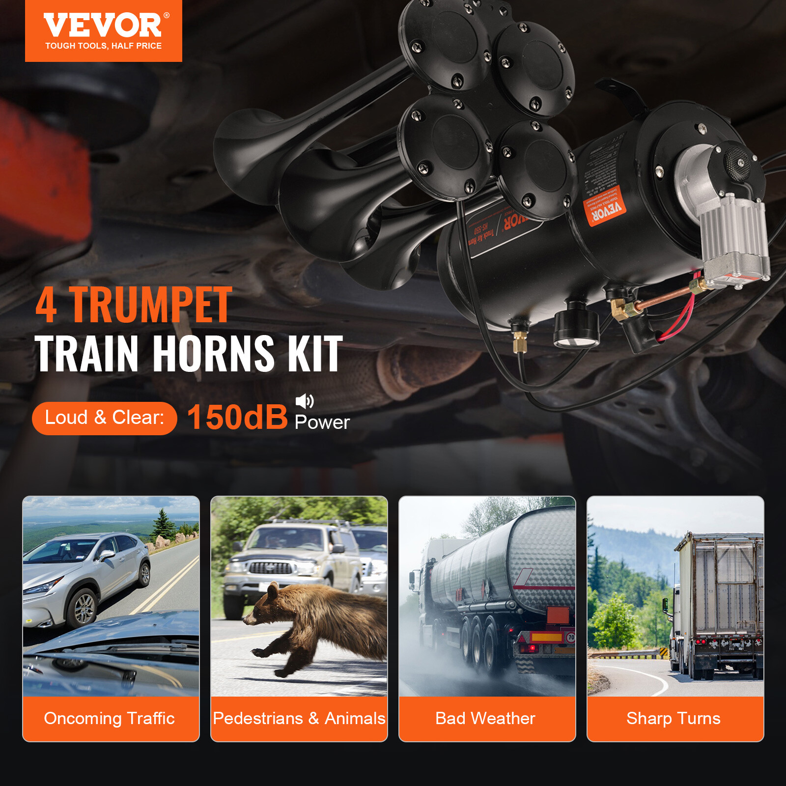 VEVOR Train Horns Kit 4 Trumpet Air Horn Kit 120 psi Air Compressor 0.8 Gal Tank