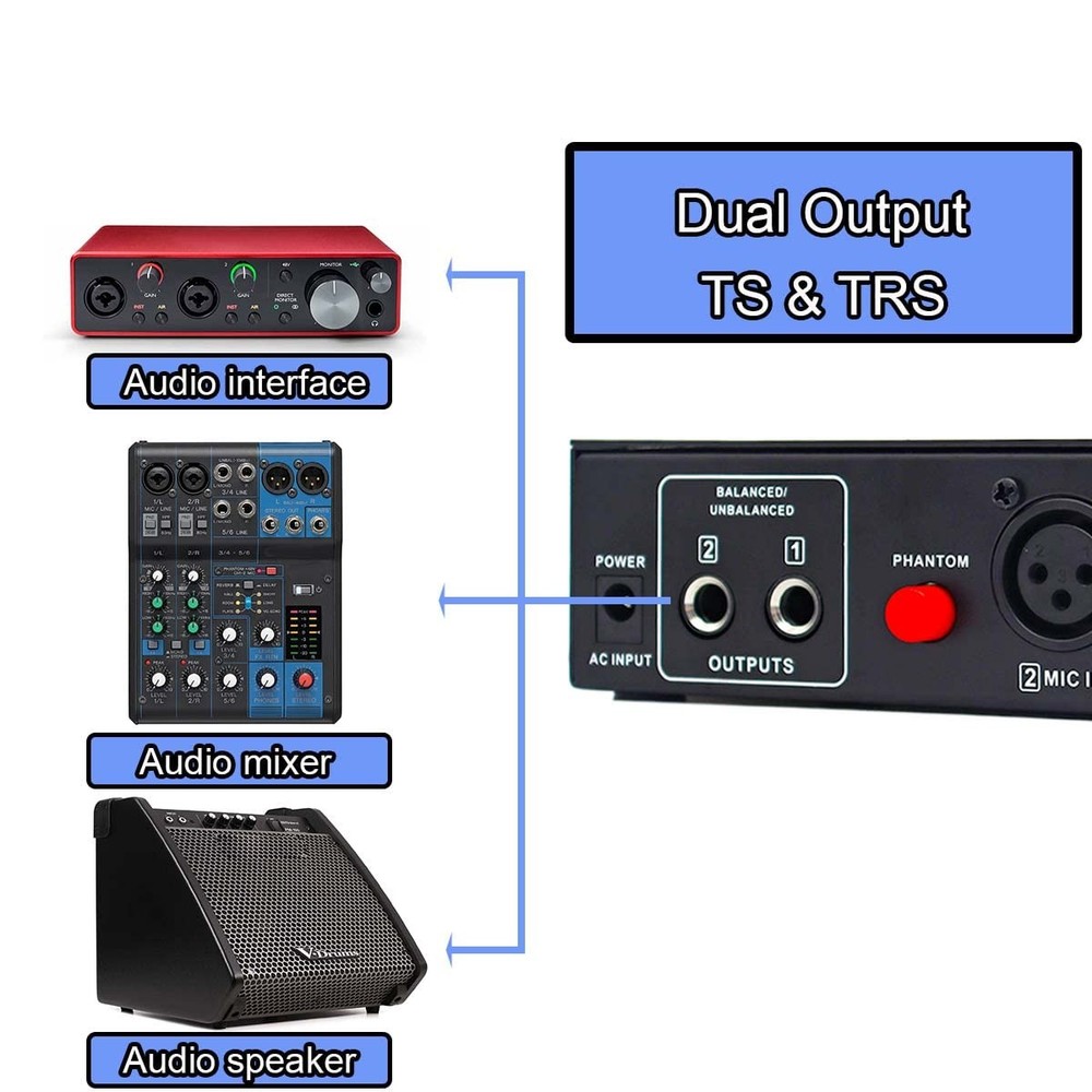 Microphone Preamp Mic Booster 4 Input Max 65db DI Box with 48V Phantom Power ...