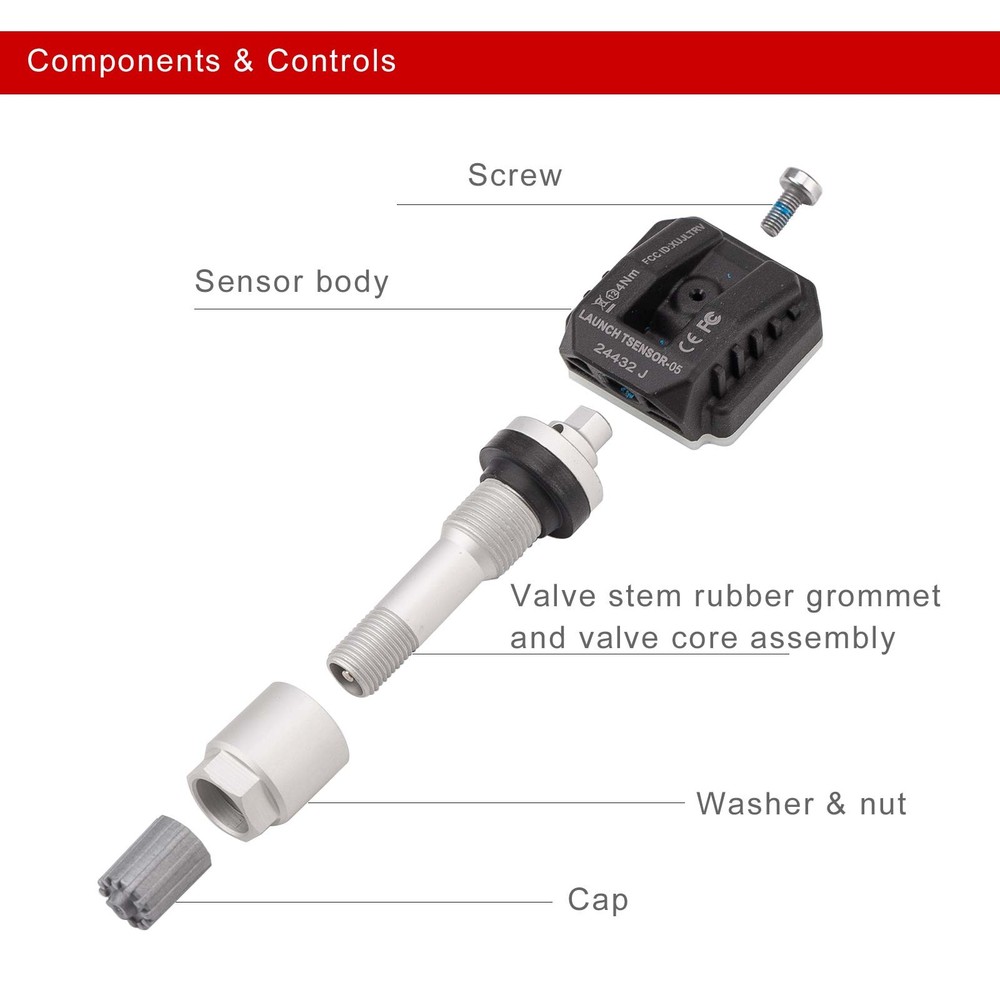 4 Pack LAUNCH TSENSOR-05 RF Universal Programmable TPMS 315MHz&433MHz Metal Stem
