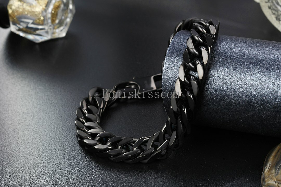 Durable Black Stainless Steel 10mm Heavy Wide Mens Curb Link Chain Bracelet 8"