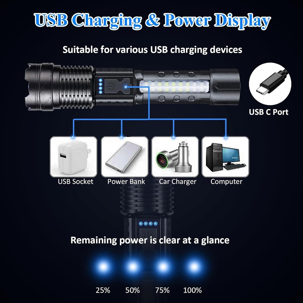 99000000LM Super Bright LED COB Tactical Flashlight USB Rechargeable Work Light