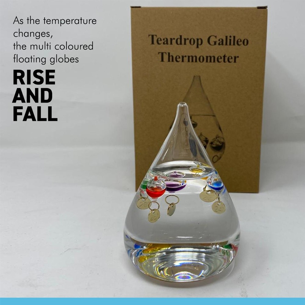 TEAR DROP shaped GALILEO THERMOMETER with five floating globes