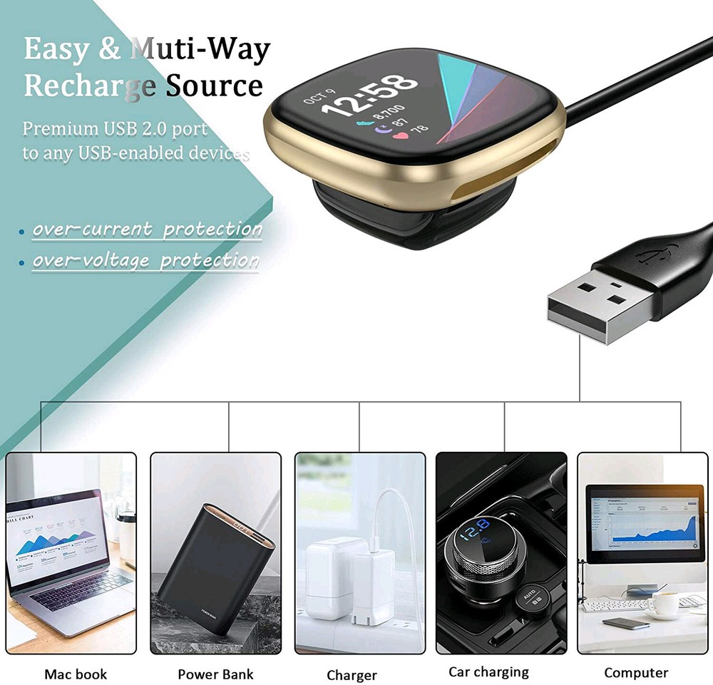 Charger For Fitbit Versa3/ Sense Watch USB Wireless Charging Dock Fast Cable