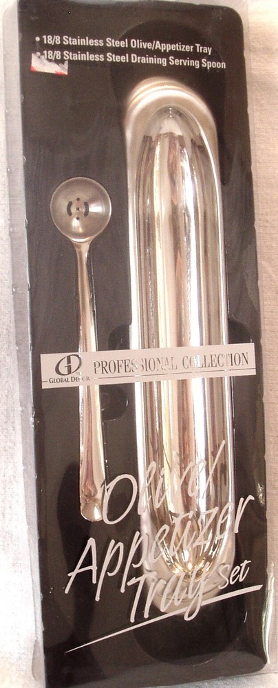 NIB STAINLESS STEEL OLIVE / APPETIZER TRAY & DRAINING SERVING SPOON SET