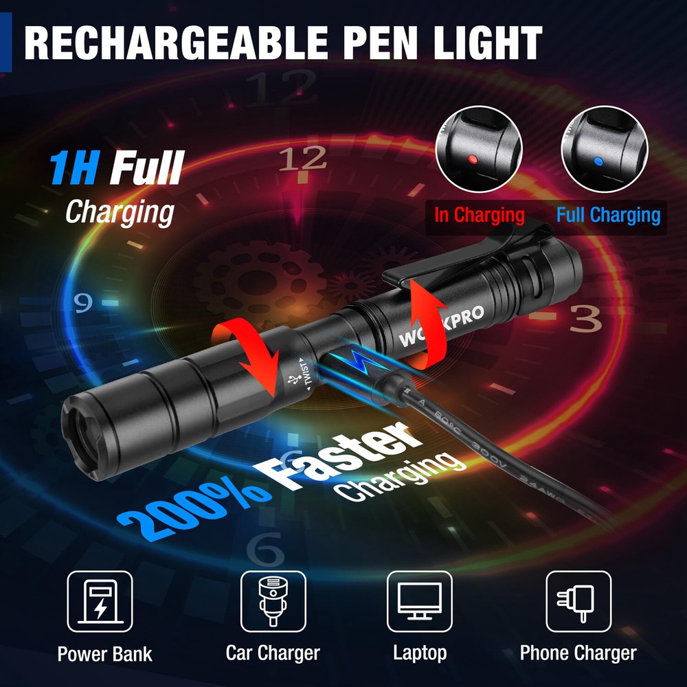 WORKPRO 2-PACKS Rechargeable LED Pen Light Flashlight Pocket Light w/USB C Cable