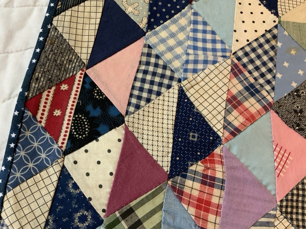 Vintage Antique Patchwork Quilt Table Topper, Early Calicos, Triangles, Multi