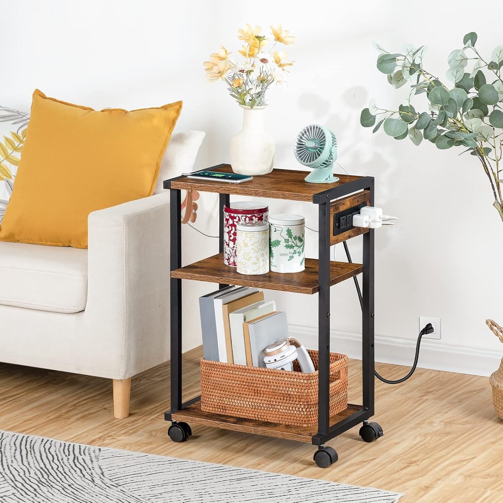 Industrial Printer Stand with Charging Station, 3-Tier Printer Table, Rolling...