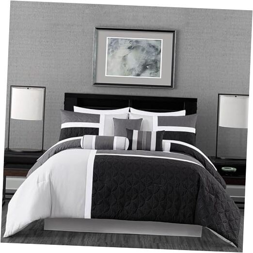 Upland 7-Piece Quilted Patchwork Comforter Set Queen Black/Gray/Light Gray
