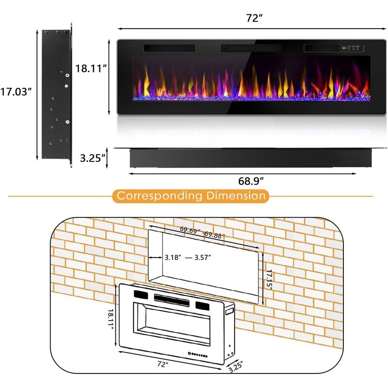 Electric Wall Mounted Fireplace Adjustable Flame Energy Efficient Safe Heater US