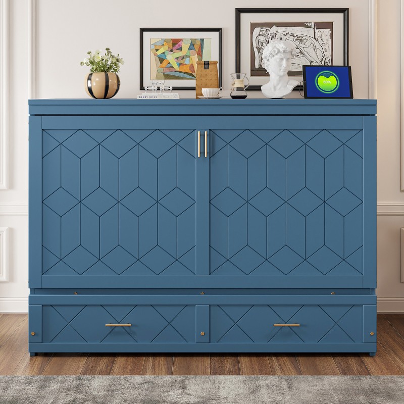 Queen Size Murphy Wall Bed Space Saving Cabinet with Drawer USB Sockets Navy Blu