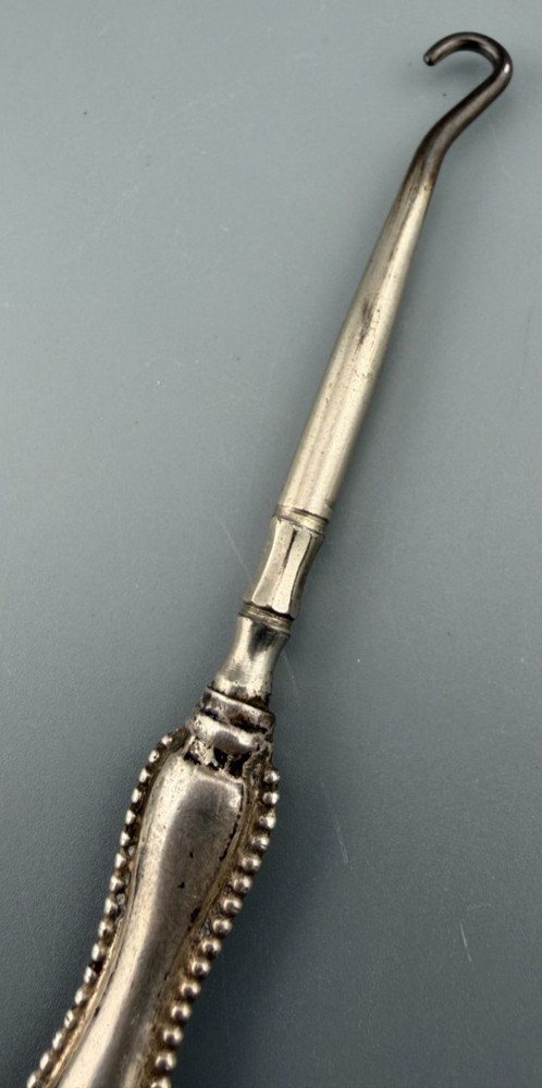 Antique Button Hook Sterling Silver Handle Steel Hook 6" Beaded Edge Monogram Te