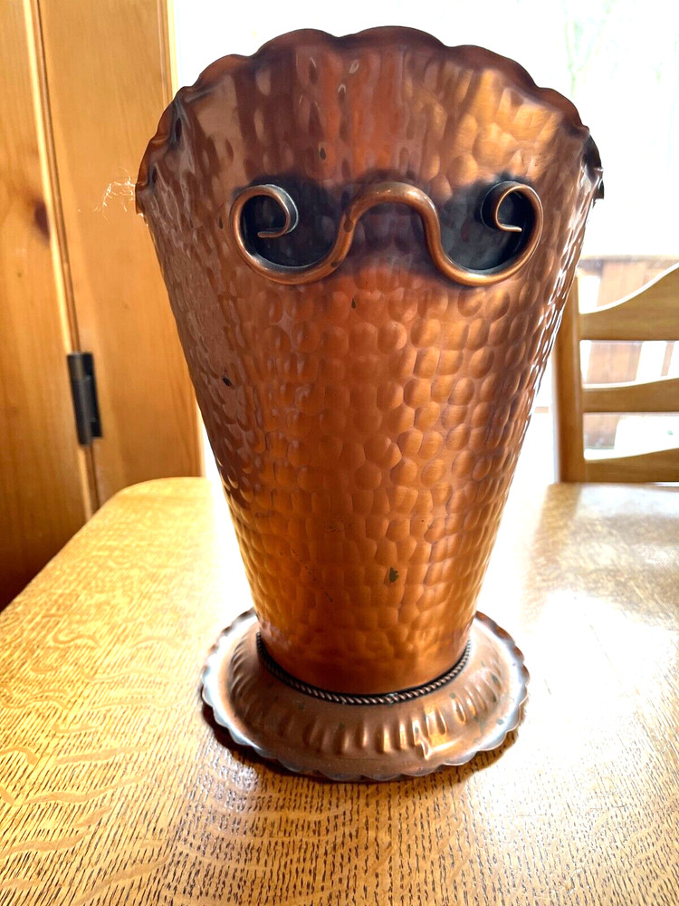 Gregorian Solid Hammered Copper Handled Pedestal Planter Pot, Vase, Umbrella