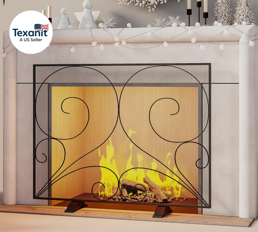 Single Panel Fireplace Screen Handcrafted Solid Wrought Iron Mesh, Heat-Resistan