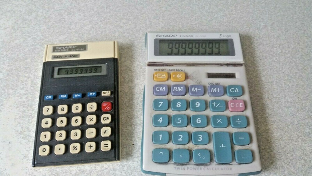 2 X VINTAGE / RETRO CALCULATORS - SHARP ELSIMATE 8146 & 330E