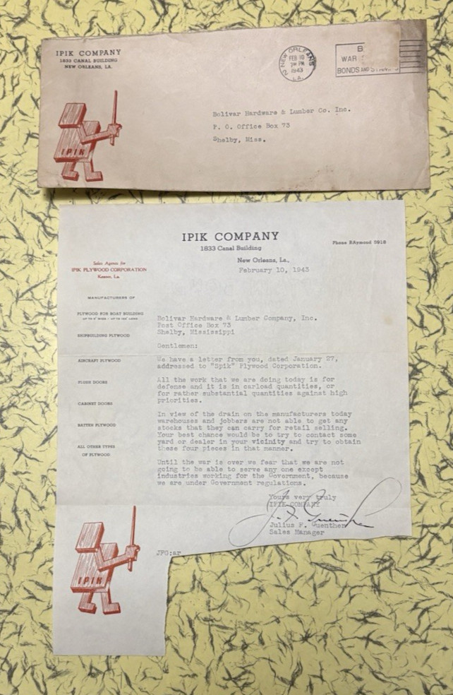 WWII ERA IPIK PLYWOOD CO NEW ORLEANS LOUISIANA 1943 Envelope & Letterhead